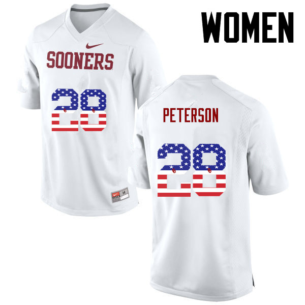 Women Oklahoma Sooners #28 Adrian Peterson College Football USA Flag Fashion Jerseys-White